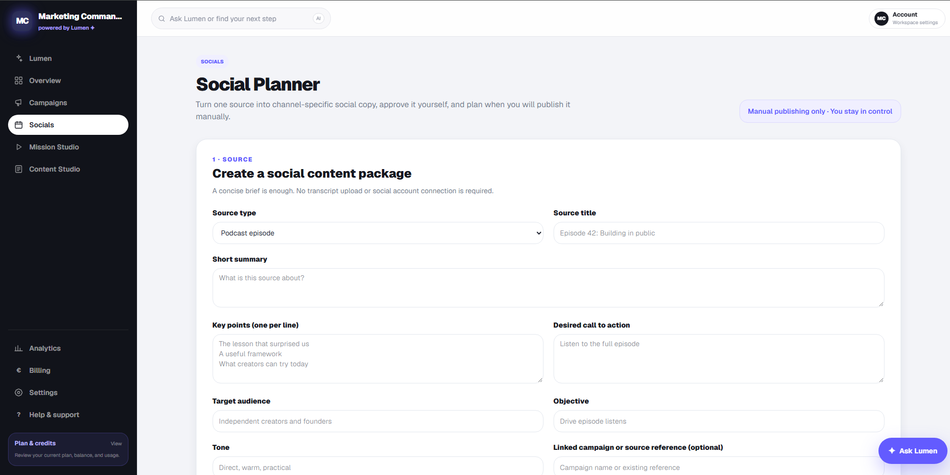 Social Planner in Marketing Commander: a source form for a social content package with source type, title, summary, key points, call to action, audience, objective and tone, labelled manual publishing only.